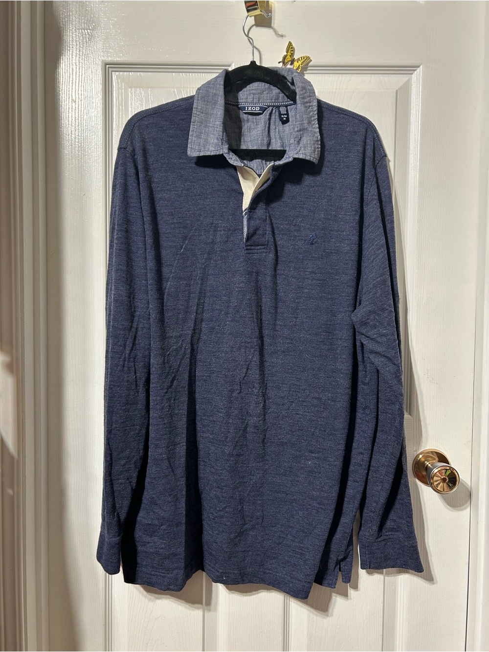 Izod Men's Navy Long Sleeve Polo with Light Blue Contrast Collar